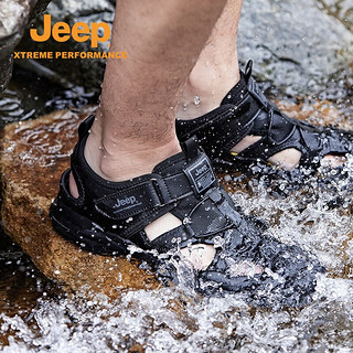 Jeep 吉普 夏季包头凉鞋男新款户外休闲运动沙滩鞋防滑徒步登山溯溪鞋 黑色 42