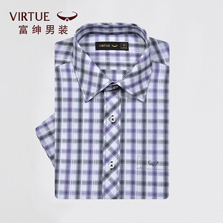 富绅夏装蓝色格子商务休闲衬衫 男式方领衬衣薄款 紫色格子C407S13M 40(170/92)