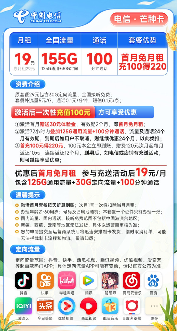 CHINA TELECOM 中国电信 芒种卡 19元月租(155全国流量+100分钟通话)激活送20元京东E卡 支持5G