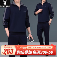 花花公子（PLAYBOY OUTDOOR）中老年运动套装男士春秋季新款两件套中年男士休闲服装男爸爸秋装 JM-8613 蓝色 L(建议120斤以下)