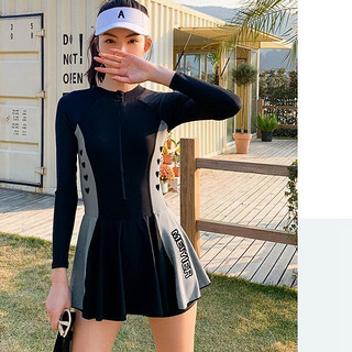 美铂娜（MEIBONA）泳衣女士运动连体平角保守显瘦遮肚速干长袖少女学生大码温泉泳装 灰色 M(40-50kg)