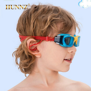 HUNNZ品牌儿童泳镜专业男女童游泳训练装备连耳塞一体游泳眼镜 超人蓝 平光
