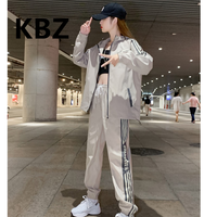 KBZ运动套装女 潮牌春秋款2023新款韩版时尚宽松减龄大码连帽两件套 卡其色 XL（建议体重120-135斤）