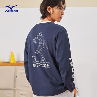 Mizuno 美津浓 男23春新款时尚图案印花圆领HERITAGE棒球文化套头卫衣 15/藏蓝 M