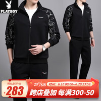 花花公子(PLAYBOY OUTDOOR)中老年运动套装男春秋季爸爸休闲运动服装中年男士宽松大码两件套 KKDD-2215 黑色 L(建议120斤以下)