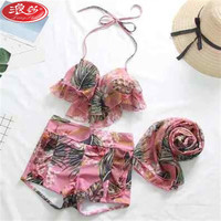 浪莎（LangSha）比基尼游泳衣三件套女情侣装泳装性感沙滩裤男泡温泉 女款粉红色 M