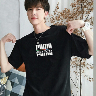 PUMA彪马男装女装2023春夏新款运动服时尚舒适透气圆领半袖短袖T恤衫 黑色/简约logo L