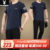 花花公子(PLAYBOY OUTDOOR)爸爸冰丝夏装套装父亲衣服短袖t恤2023新款中老年休闲运动套装男 YLG-3628 深蓝色 L(建议120斤以下)
