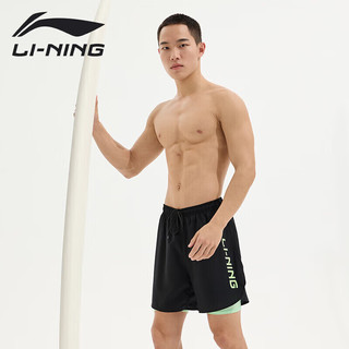 LI-NING 李宁 泳裤男士运动速干防尴尬五分双层防走光海边度假沙滩裤814黑色3XL