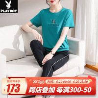 花花公子（PLAYBOY OUTDOOR）中老年运动服套装女夏季短袖T恤2023新款母亲节妈妈夏装两件套裤 DMJ-3265 绿色 M 建议95斤以下