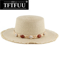TFTFUU 新款夏季女款遮阳防晒草帽时尚休闲平顶流苏边礼帽韩版帽礼盒装 米色 M（56-58cm）