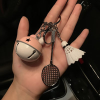 DCW 羽毛球挂件钥匙扣创意礼品运动钥匙链饰品钥匙绳定制刻字 球拍挂件+粉白铃铛