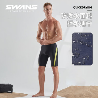 SWANS泳裤男士专业训练五分及膝平角抗氯速干游泳裤大码防尴尬泳装 黑金色 M码