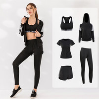 玉儿恋运动套装女修身显瘦瑜伽服女套装速干跑步服五件套 黑色 M