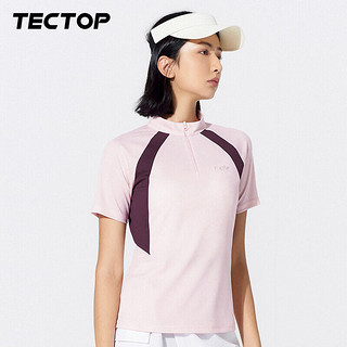 探拓（TECTOP）速干衣女户外半开立领撞色微孔透气快干短袖T恤 女款花粉色L