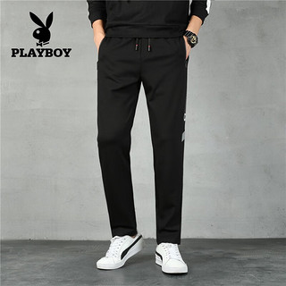 花花公子（PLAYBOY）2023春夏新款男士时尚运动长裤男生百搭潮流裤休闲卫裤直筒运动裤 黑白 175/XL