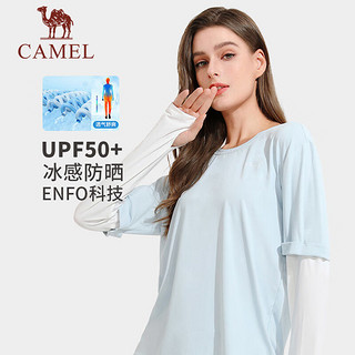 骆驼（CAMEL）运动T恤女2023春夏长袖圆领防晒速干宽松运动休闲上衣 AC82252010，极地白 XL