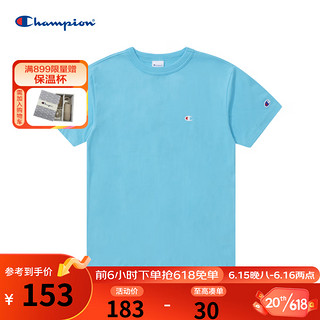 Champion 冠军T恤2023春夏新款刺绣小c logo纯色圆领短袖男女情侣款 蓝绿色 M