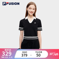 FILA 斐乐 潮牌女子短袖POLO衫2023夏时尚休闲翻领T恤女装修身上衣 深黑-BK 175/92A/XL