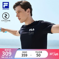 斐乐(FILA)官方男子短袖T恤2023夏季简约圆领运动男装上衣休闲针织套头衫 深黑-BK 165/88A/S