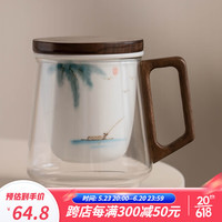 瓷牌茗茶具（cipaiming teaset）办公玻璃茶杯家用茶水分离杯手绘陶瓷内胆泡茶马克杯主人杯单杯 透明《清灵-手绘江景》三件杯