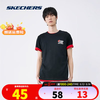 SKECHERS斯凯奇短袖男装春夏新款圆领字母印花休闲百搭时尚针织半袖T恤衫 黑色/后背印花 XL