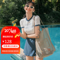 OMOM泳衣女连体性感裙式遮肚保守防晒泡温泉度假训练泳装 牛仔蓝M