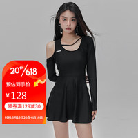 OMOM泳衣女保守裙式连体遮肚游泳衣性感显瘦学生泡温泉泳装 黑色 M