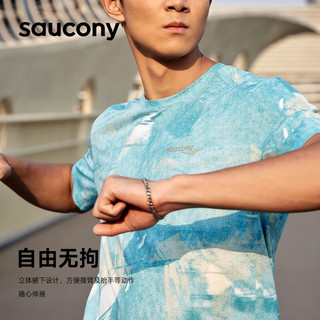 saucony 索康尼 男子短袖针织衫23夏季新品透气运动短袖T恤跑步训练短T 白色/蓝月 M（170/92A）