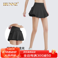 HUNNZ品牌网球裙女速干百褶裙运动跑步半身短裙瑜伽裤裙夏羽毛球裙 黑色 L