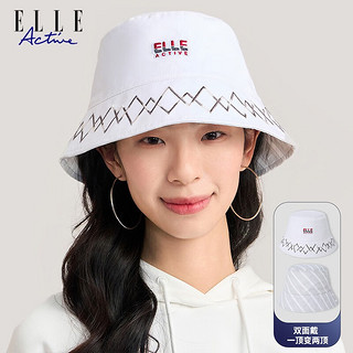 ELLE ACTIVE双面戴渔夫帽女2023新款时尚潮流百搭印花运动休闲遮阳防晒帽子 白色