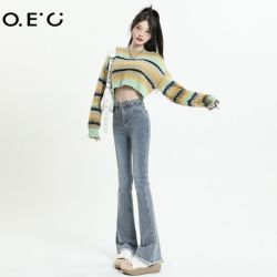 OEC 女士高腰毛边牛仔裤