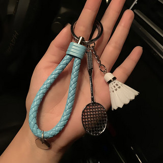 DCW 羽毛球挂件钥匙扣创意礼品运动钥匙链饰品钥匙绳定制刻字 球拍挂件+天蓝绳