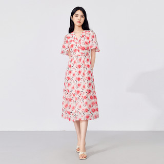 秋水伊人V领收腰法式碎花连衣裙2023年夏新款女装桔梗显瘦雪纺裙