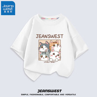 真维斯(Jeanswest)女童短袖夏季新款纯棉柔软儿童T恤2023中大童时尚休闲装女孩夏装 白 挤猫猫 110cm