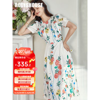 ROEYSHOUSE罗衣优雅花色缎面连衣裙2023夏装新款淑女泡泡袖A摆中长裙06938 花色 XL