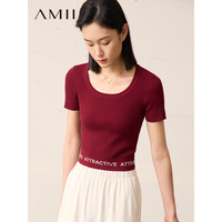 AMII2023夏新款圆领短袖撞色字母提花短款针织衫女修身显瘦上衣 波尔多红 150/76A/XS
