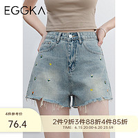 EGGKA 刺绣毛边牛仔短裤女高腰夏季2023年新款复古设计感小众裤子 蓝色 M