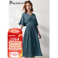 帕罗（PALUOPO）重磅桑蚕丝23夏季V领收腰显瘦气质纯色连衣裙 孔雀蓝 M(160/84A)