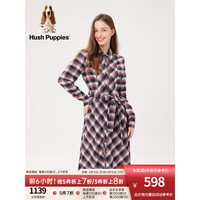 Hush Puppies暇步士女装2023秋季复古格子纯棉磨毛长袖衬衫连衣裙 362蓝红 XS