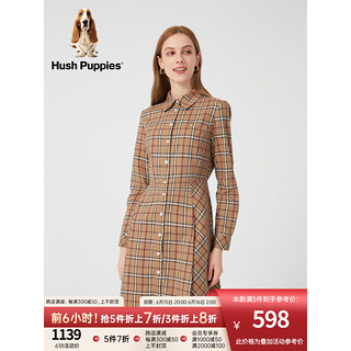 Hush Puppies暇步士女装2023秋季通勤英伦风复古格子衬衫连衣裙女 130卡其 XL