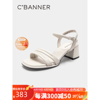 C.BANNER 千百度 女鞋2023年夏季时装凉鞋舒软休闲一字带粗跟羊皮高跟鞋A23315904