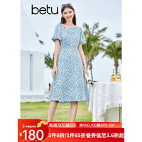 百图betu女装2023夏季新款连衣裙复古印花短袖桔梗裙连衣裙女2305T80 蓝色 L