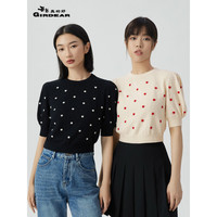 哥弟真的好女装2023夏季新款泡泡袖葱纱波点圆领短袖针织衫女T恤A301212 黑 S(2码)