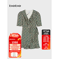 bebe 2023夏季新品女士V领碎花印花短袖茶歇裙连衣裙250063 黑绿白 XS