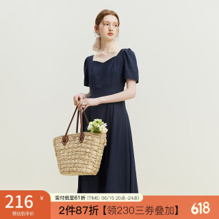 范思蓝恩 23FS12603法式方领短袖连衣裙 女夏新款气质显瘦裙子