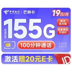 CHINA TELECOM 中国电信 芒种卡 19元月租（155G全国流量+100分钟通话+流量通话套餐长期有效）激活赠送20元E卡~