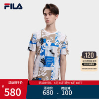 FILA 斐乐 官方男子短袖T恤2023秋新款时尚休闲纯棉满印针织短袖衫 满印一-ZA 165/88A/S