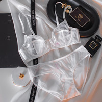 少女美屋法式超薄款纯欲文胸大胸显小网纱防凸点防下垂内衣套装女性感蕾丝 白色 32B=70B