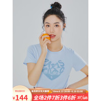 lagogo拉谷谷2023夏季新款蓝色圆领小个子刺绣T恤女正肩短袖休闲 蓝色（N3） 155/S/36